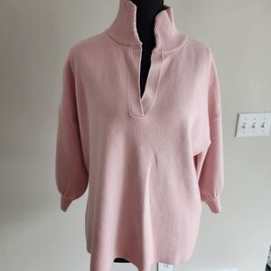 Elegant Pink V-Neck Sweater for Women with stand up Collar